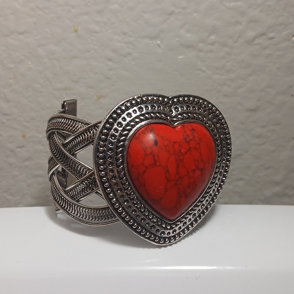 Huge Heart Cuff Silver Tone Faux Red Turquoise Really cute and comfy to wear.adj